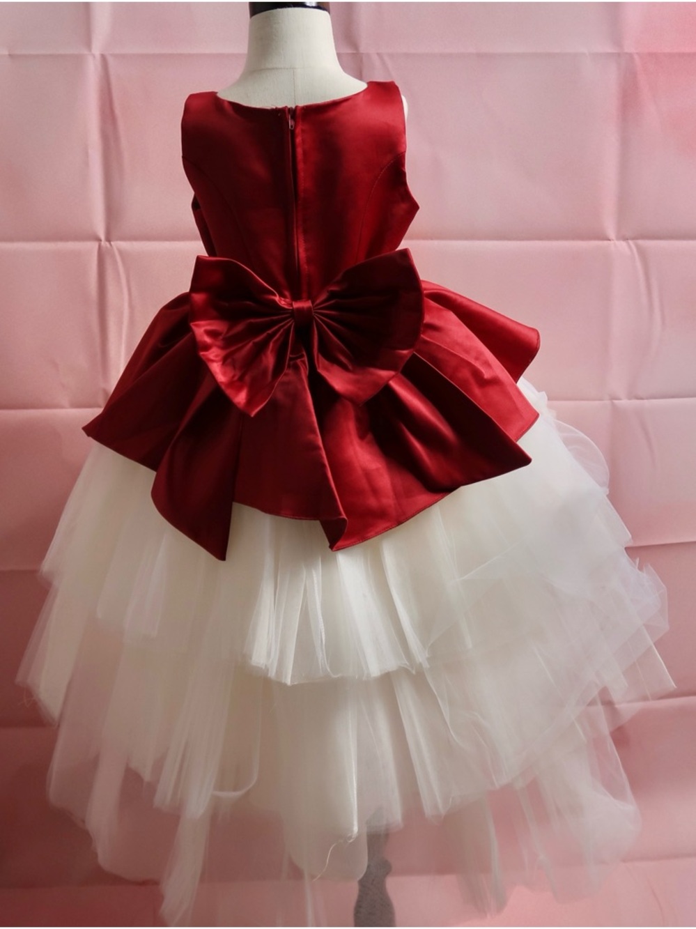 Elegant Red and White Tulle Bow-Back Formal Dress for Girls